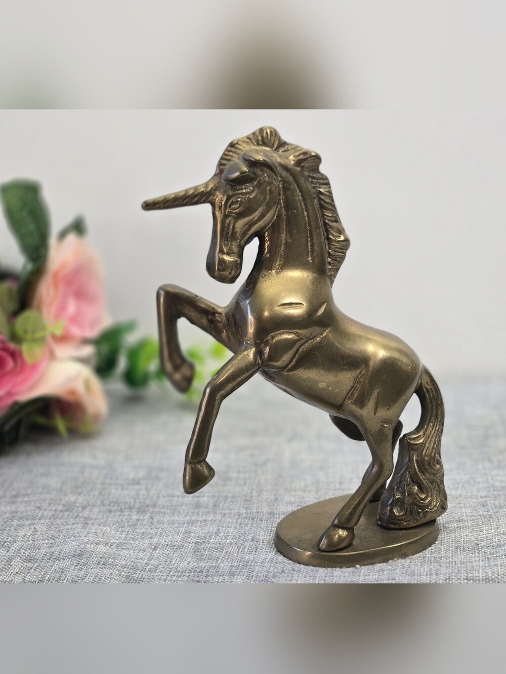 Vintage 1970s Solid Brass Unicorn Figurine 7.5” Tabletop Art Decor